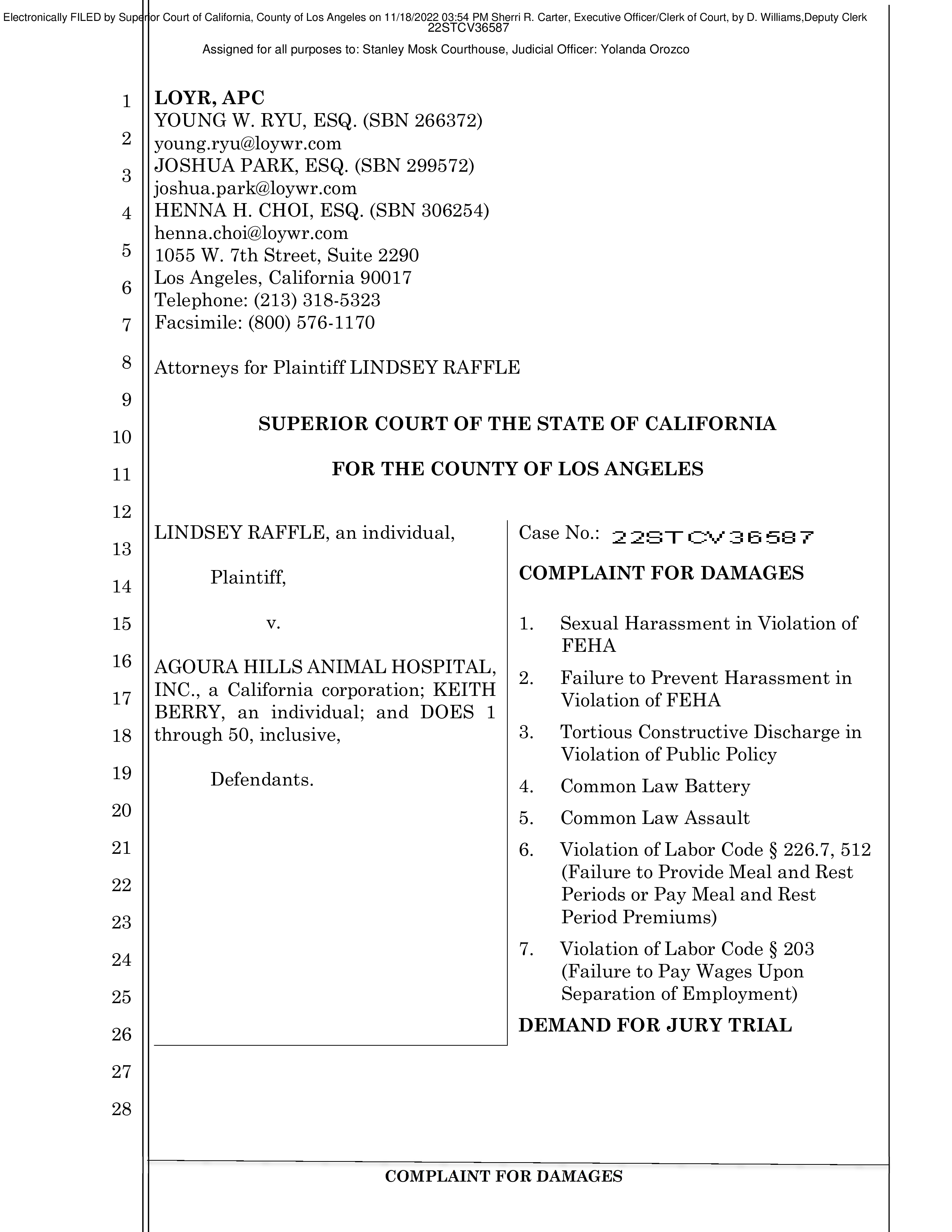 22STCV36587, Agoura hills animal hospital, lawsuit